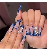 Blue French Tip Press on Nails Long Fake Nails Coffin False Nails with Butterfly Designs for Wome...