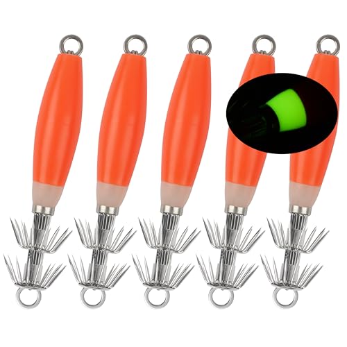 OROOTL Squid Jigs Saltwater Fishing Lures, 5/10pcs Glow Squid Jig Hooks Luminous Cuttlefish Sleeve Octopus Jig Baits Night Fishing Octopus Lures Set with Tackle Box
