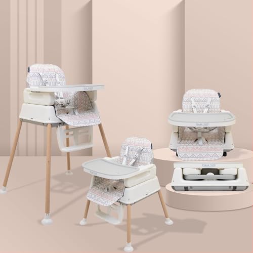 Image of POLKA TOTS 4 in 1 High Chair for Baby (Geometric Print) Multiple Recline Positions & 7 Adjustable Height Levels, with Detachable Feeding Tray, Footrest, Extra Cushioning & Wheels - 0 to 3 Years - 15kgs