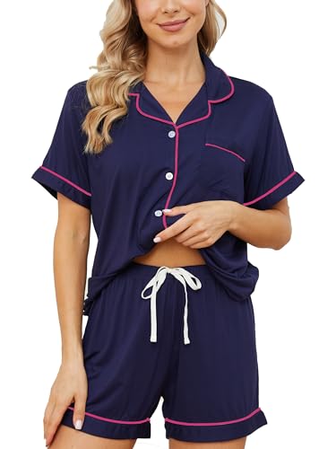 Image of Womens Pajama Sets Short Sleeve Sleepwear Soft Button Down Nightwear Lounge Pj Set XS-XXL