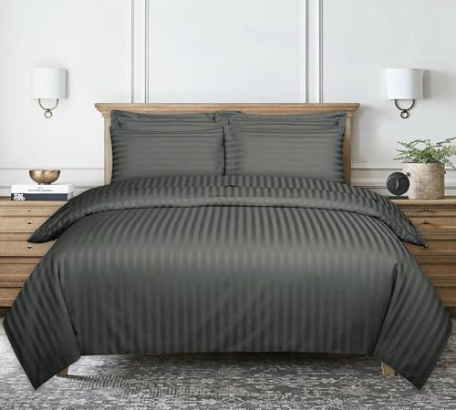 Ev Dekor® Double Duvet Cover Set Hotel Quality Stripes Satin Bedding Double Bed Set with 2 Pillowcases, Reversible Soft Microfiber Breathable Bed Covers - Dark Grey - Double