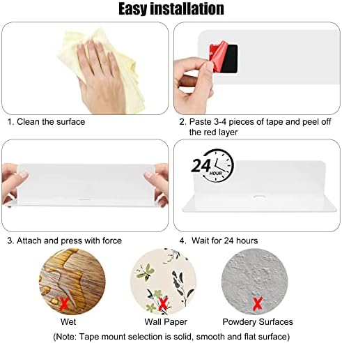 White Floating Wall Shelves Set of 2, Small Self Adhesive Wall Shelf No Drill Display Shelf, Easily Expand Wall Space Acrylic Shelves with Cable Clips for Bedroom, Living Room, Bathroom, Kitchen