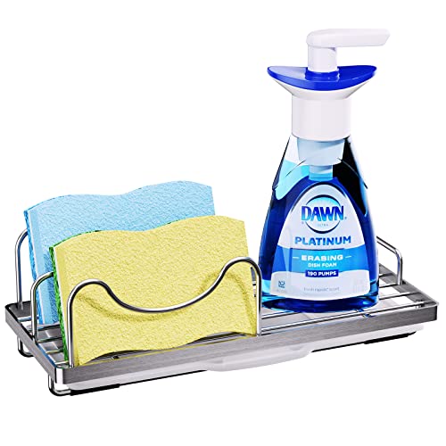 Consumest Sink Caddy With M-Shaped Sponge Holder, 304 Stainless Steel Sponge Caddy For Kitchen Sink Multifunctional Kitchen Sponge Holder With Detachable Drip Tray For Kitchen Storage, Silver #TOP29