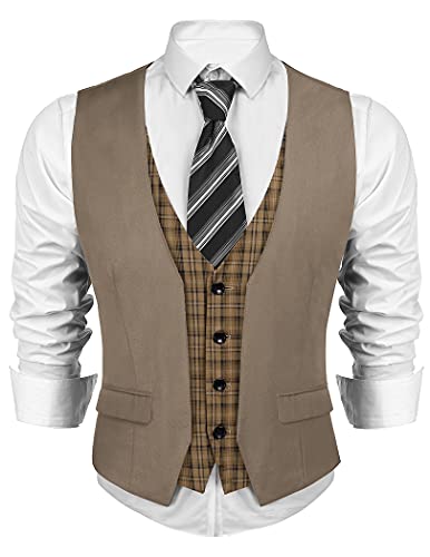 COOFANDY Men's Business Suit Vest Layered Plaid Dress Waistcoat for Wedding, Dinner (Khaki-1, Large)