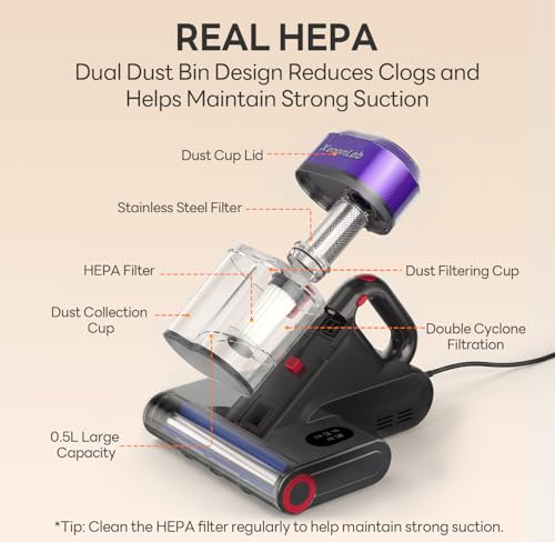 Image of Mattress Vacuum Cleaner, 18000Pa Bed Vacuum Cleaner, 275nm UV-C Light & Ultrasonic 140F Heat with High-Speed Deep Tapping, Versatile Handheld Vacuum for Bed, Sofa, Couch, Crib（Corded）