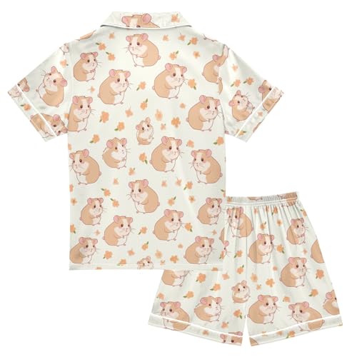 Hamster Print Summer Satin Pajama Set, Cute Button-Down Sleepwear Pj Set for Sleep Wears2