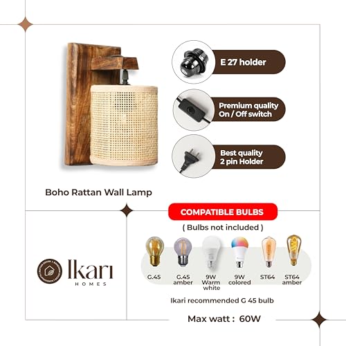 Image of Ikari Homes Rustic Wooden Wall Lamp I Cylindrical Raffia Shade I Vintage Wall Lamp I Boho Rattan Wall lamp for Bedroom /Balcony /Living Room /Outdoor /Entrance - Size 10 x 5 in (Rattan Square Mesh)
