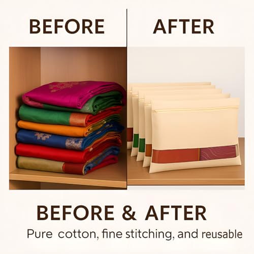 Image of DALUCI Cotton Saree Covers for Storage | Big Size Saree Bags (16x14 Inch) with Zip Closure, Transparent Mesh Window Cloth Organizer for Storage | Wardrobe Organiser - Beige (Pack of 6)