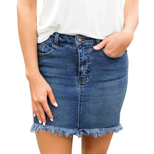 luvamia Women's Casual Mid Waisted Washed Frayed Pockets Denim Jean Short Skirt Small A1 Dark Atlantic Blue