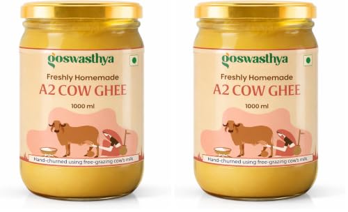 Image of Goswasthya A2 Cow Ghee 1L | Traditionally Bilona-Churned, Danedar Ghee | Aromatic| NABL Lab Tested (70+ tests), Cruelty-Free | Grass-Fed | Glass Jar (Pack of 2)