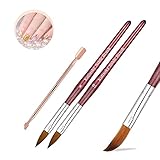 Dadop 3 Pcs Kolinsky Acrylic Nail Brushes Set, Kolinsky Acrylic Nail Brush Size 8 10 for Acrylic Application with Round Red Wood Handle and a Rose Gold Metal Cuticle Pusher
