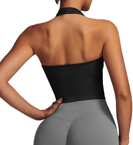 JN JANPRINT Longline Women's Halter Tank Top Backless Scoop Neck Seamless Workout Gym Yoga Crop Top Black