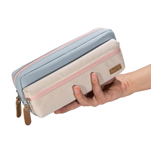 Image of Large Pencil Case, Pencil Pouch with Zipper Compartments, Aesthetic Pencil Case for Adults, Stationery Pouch Pen Case for Office (Blue&Beige)
