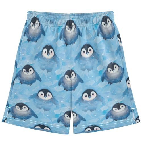 Boys Athletic Shorts with Pockets Big Eyes Penguin Running Basketball Shorts for Youth Elastic Waist Size 7-8