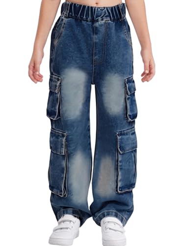 easyforever Kids Girls Cargo Jeans Boyfriend Denim Pants Retro Style Washed Wide Leg Casual Trousers with Flap Pockets