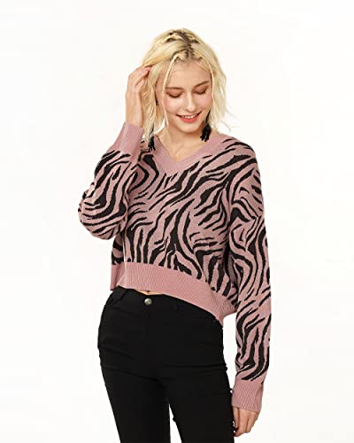 Noflik Women's Allover Zebra Print Long Sleeve V-Neck Pullover Cropped Sweaters Tops (Mauve, L) #TOP2