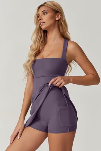 Image of QINSEN Womens Square Neck Tennis Dress Sleeveless Built in Shorts Golf Athletic Dress with Pockets
