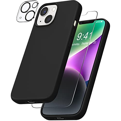 YATWIN Case Compatible for iPhone 14 with 1 Pack Screen Protector + 1 Pack Camera Lens Protector, Liquid Silicone Slim Soft Rubber Shockproof Phone Case Compatible for iPhone 14 (6.1Inch) - Black