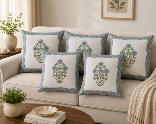 Image of Cotton Cushion Covers 16x16 Inch - Hand Block Floral Print Pillow Covers for Sofa, Couch & Bedroom (Pack of 5) (Blue Yellow)