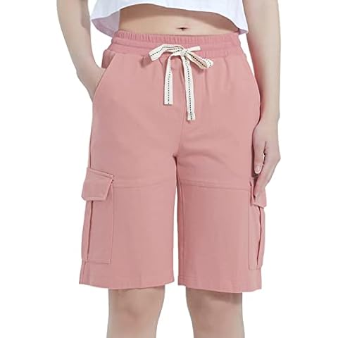 Vcansion Women's Casual Elastic Waist Drawstring Knee Length Lounge Travel Bermuda Shorts Pink US 2XL Cover