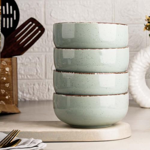 Image of The Earth Store Glossy Mint Marble 580ml Each Ceramic Bowls Set of 4 for Serving Snacks, Pasta, Noodle, Maggi, Cereal Microwave Safe Bowl Set | Perfect for Gifting, Daily Use