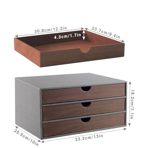 XNONE PU Leather Desk Organizer with 3 Drawers,Office Desktop MultiFunctional Drawer for Stationery/A4 Paper/Document/Magazine/Book/Letter/Jewelry/Makeup Product Home Decora Storage Box (Grey) - Image 2