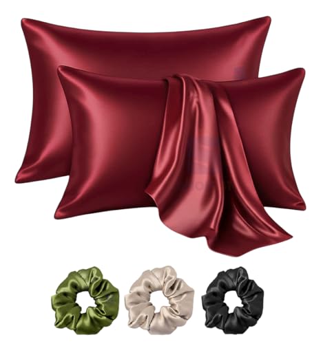 Image of Satin Silk Pillow Cover for Hair and Skin 2 Piece with 3 Piece Satin Silk Scrunchies Free Solid Pillow Covers with Envelope Closure (Maroon)