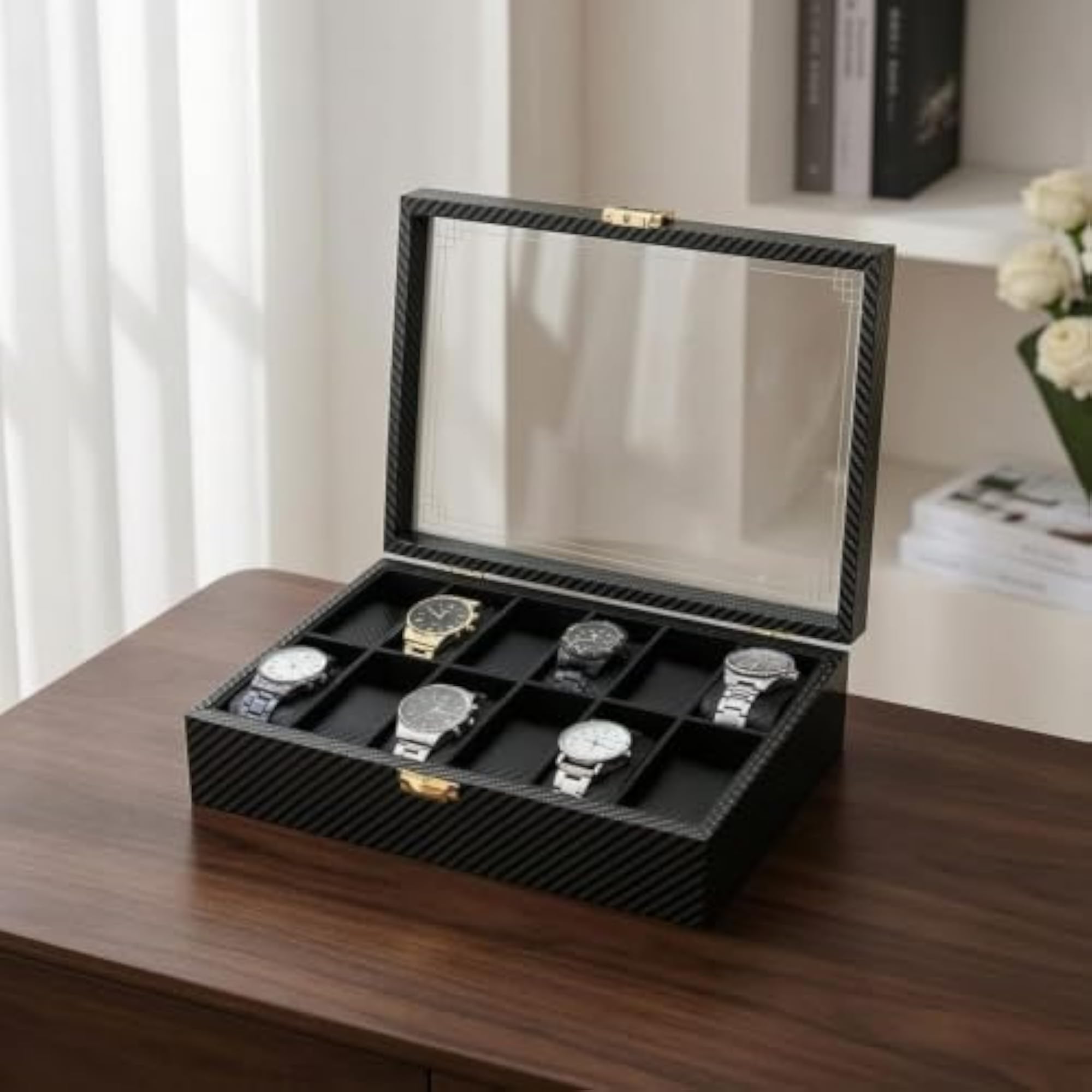 Carbon Fiber Pattern Watch Box with Clear Lid