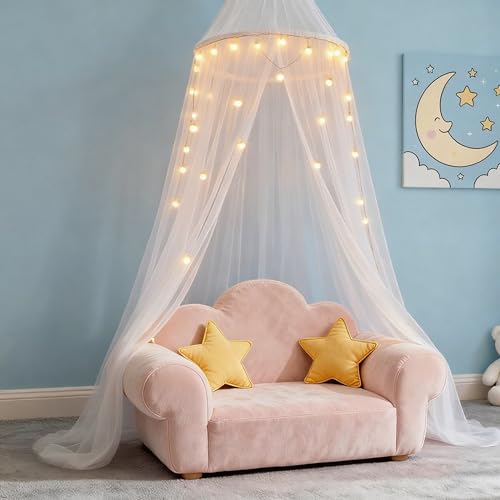 Image of Princess White Bed Canopy with Lights for Girls Bed Net,Princess Canopy for Kids Bed Room Decor (White+Lights)