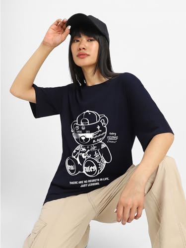 Image of JUNEBERRY 100% Pure Cotton Oversized Loose Baggy Fit Drop Shoulder Half Sleeve Round Neck Cool Front Teddy Printed Cork & White T-Shirt for Women /Girls (Available in from S to 2XL)