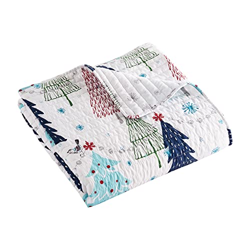 Levtex Home Merry & Bright Collecion - White Pine - Throw - Christmas Tree - Blue, Red, Green and White - Holiday Quilted Throw Size 50x60in. - Polyester