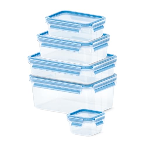 EMSA Clip & Close Frischhaltedosen-Set, rechteckig, quadratisch, 0,55 u. 1 u. 1,2 u. 2,2 L, 100 Prozent dicht, spülmaschinen-, gefrier-, mikrowellenfest, Transparent, Blau, 512753