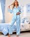 Silk Satin Pajamas Set for Women Long Sleeve Nightwear Button Down 2 Piece Pjs Sets Long Pants Womens Silky Lounge Set Ladies Blue Stripes Bow Pajama Women's Cute Soft Lightweight Loungewear M