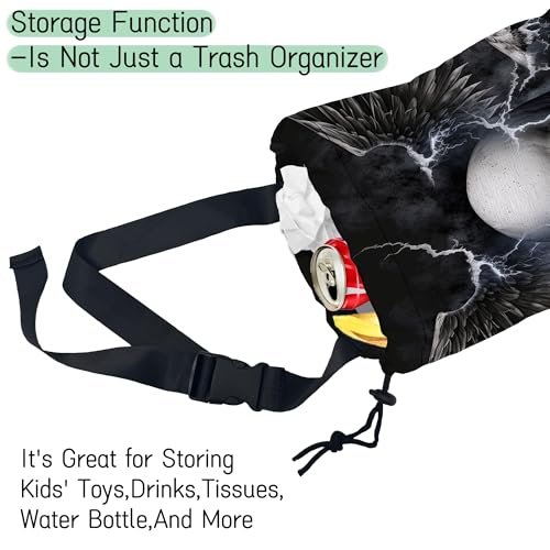 Image of Skull Lightning Car Garbage Bag,Waterproof Small Car Trash Bag Hanging Back of Seat,Drawstring Hanging Car Trash Bag with Adjustable Buckle for Car Accessories