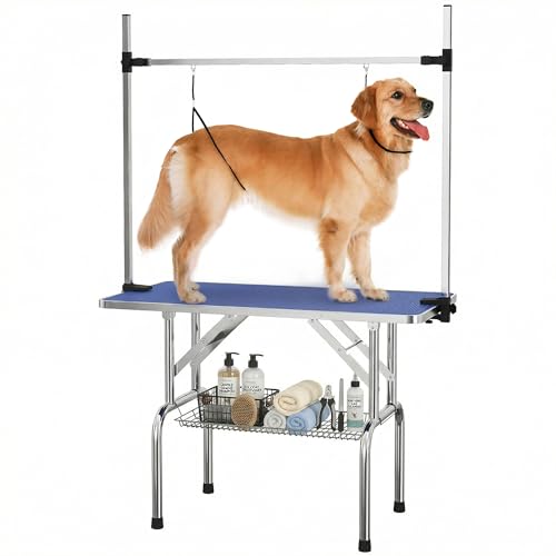 PawHut 42" Dog Grooming Table Adjustable Pet Cat Drying Beauty Table Rubber Top with 2 Loops Storage Basket Metal Blue
