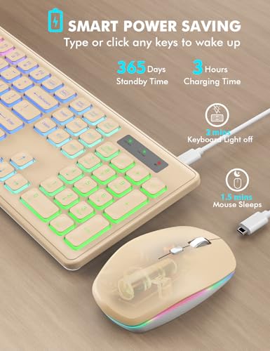 Image of Wireless Keyboard and Mouse Combo, RGB Backlit, Trueque KM42Pro | RGB Rainbow Backlit, Rechargeable Keyboard Mouse, Sleep Mode, 2.4GHz Wireless, Silent Soft Typing, USB-C Adapter