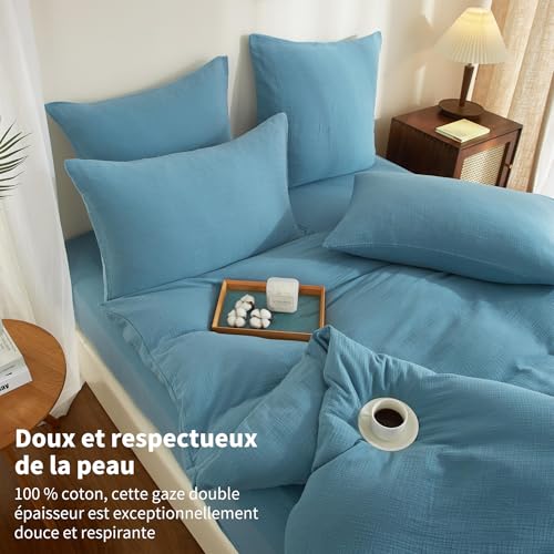 Housse de couette gaze de coton 220x240 bleu parure de lit double 100% coton - 4