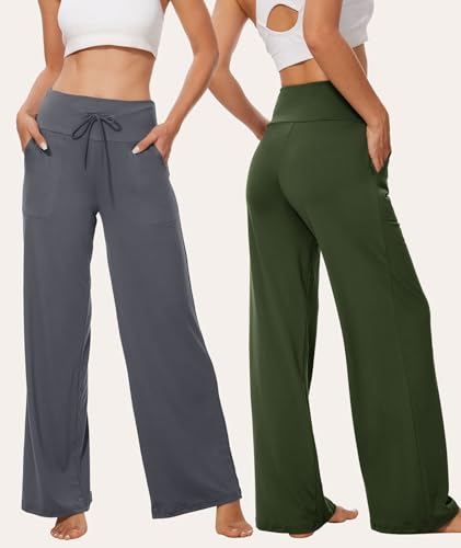 Image of TNNZEET 3 Pack Women's Wide Leg Pants with Pockets - Casual Loose Yoga Trouser Pants Sweatpants Palazzo Lounge Pajama Pants