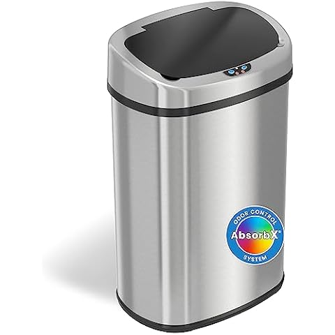 iTouchless SensorCan 13 Gallon Trash Can with Odor Filter, Stainless Steel Oval Automatic Trashcan for Home Office Bedroom Living Room Garage Large Capacity Slim Space-Saving Trash Bin Cover