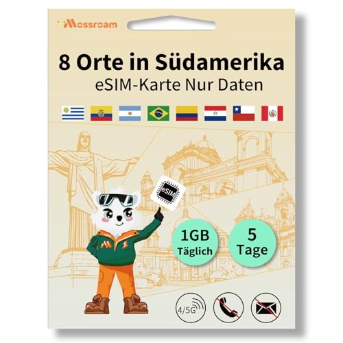 eSIM für 8 Länder in Südamerika, Internationale Reisen, 4/5G LTE Prepaid 5-Tage-Plan, nur 1 GB Daten täglich