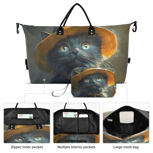 Halloween Cat Black Witch Large Travel Duffel Bag, Sports Tote Gym Bag, Shoulder Weekender Overnight Bag for Women Men, Carry On Luggage with Toiletry Bags2