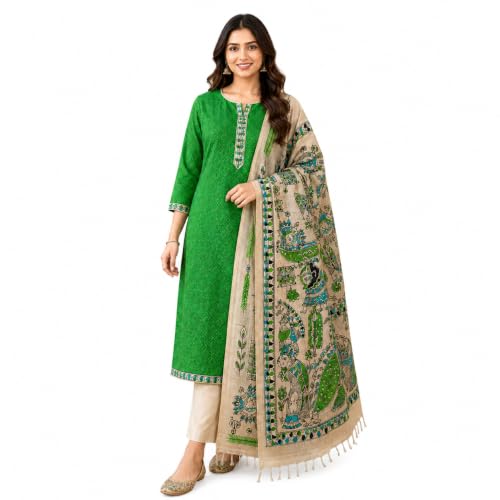 Image of Madhubani Print Unstitched Salwar Suit Dress Material for Women with Dupatta | Traditional Ethnic Cotton Blend Suit Material | Ethnic Madhubani Art Printed