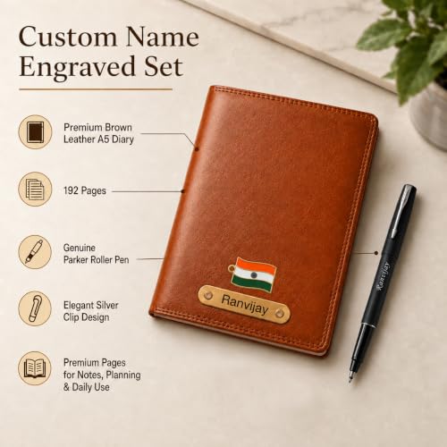 Image of SAVRI Personalized Gifts Customized Brown Diary with Name & Parker Roller Pen Gift Set | Premium Office Diary & Silver Clip Pen | Corporate Gift for Employees, Birthday, Anniversary & Professional Use