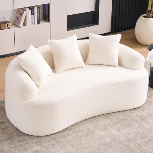 Thctvous 65” Beige Curved Loveseat Sofa with Round Armrest, Compression Couch with 3 Pillows, Cream Couch for Small Space, Living Room, Bedroom, Memory Foam, Chenille, No Assembly (Beige, 65