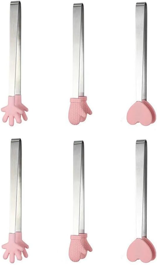 6 Pack Mini Dessert Tongs Stainless Ice Cube Clip Pink Hand Heart Glove Shape Small Non-Slip Silicone Baking Bread Tong Clips for Kids BBQ Salad Candy Sugar Kitchen Tools Food Serving Utensil