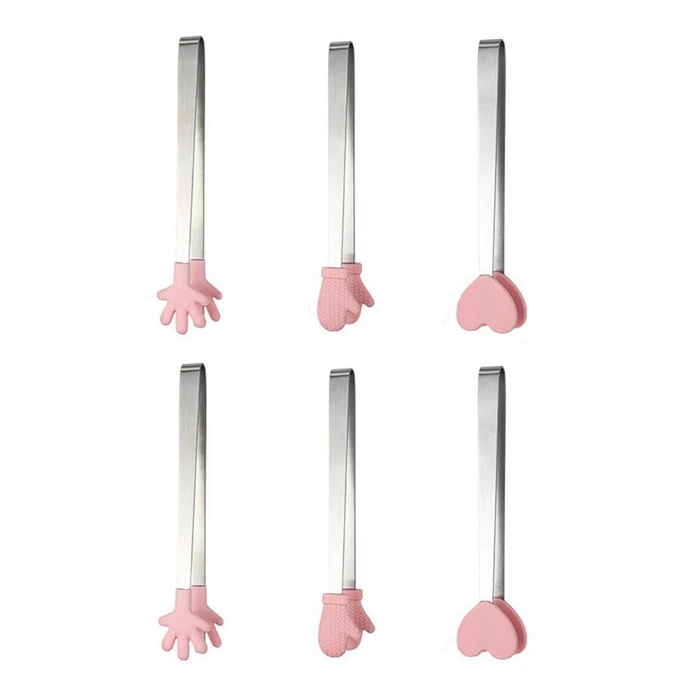 NentMent 6 Pack Mini Dessert Tongs Stainless Ice Cube Clip Pink Hand Heart Glove Shape Small Non-Slip Silicone Baking Bread Tong Clips for Kids BBQ