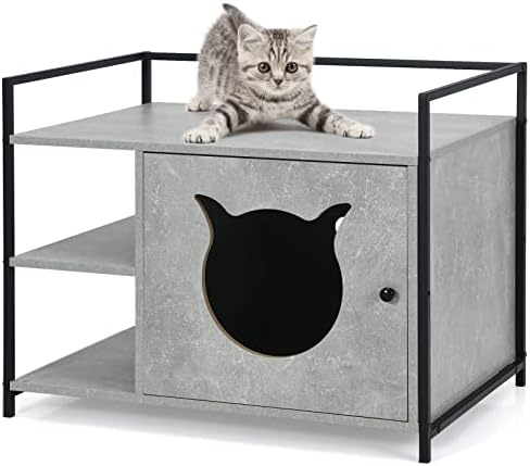 Maxmass Wooden Cat Litter Box, Hidden Cat House Toilet with 2 Shelves and Large Tabletop, Kitty Washroom Pet Enclosure for Indoor Sleeping Relaxing (Grey)