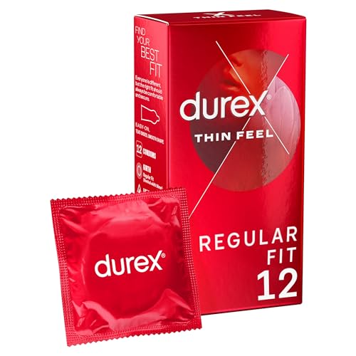 Durex Thin Feel, 12 Condoms, With Silicone Lube, Easy On Shape, Regular Fit, Natural Latex, Thin for More Sensitivity, Same Durex Security and Protection, Teat Ended