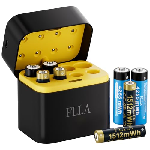 Flla Rechargeable AA Lithium Batteries 8 Pack 1.5V 4255mWh Constant Output 2000+ Cycles Double A for Blink Doorbell, Game Controllers, Smart Locks, (8 Slot AA)