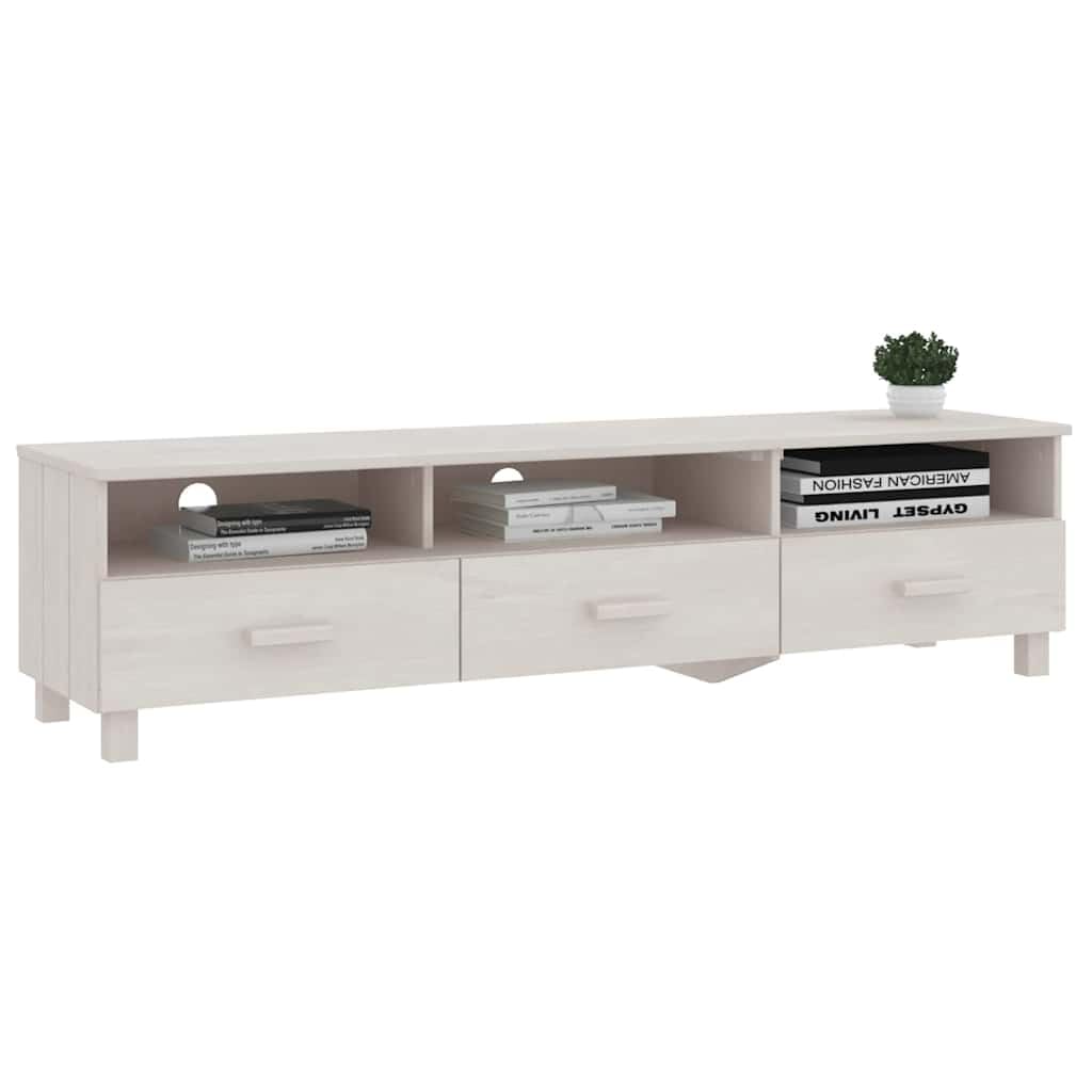 Szafka pod telewizor biała 158 x 40 x 40 cm, lite drewno sosnowe z 3 szufladami, 3 półkami, kanał kablowy i półka do salonu, sypialni, kina domowego